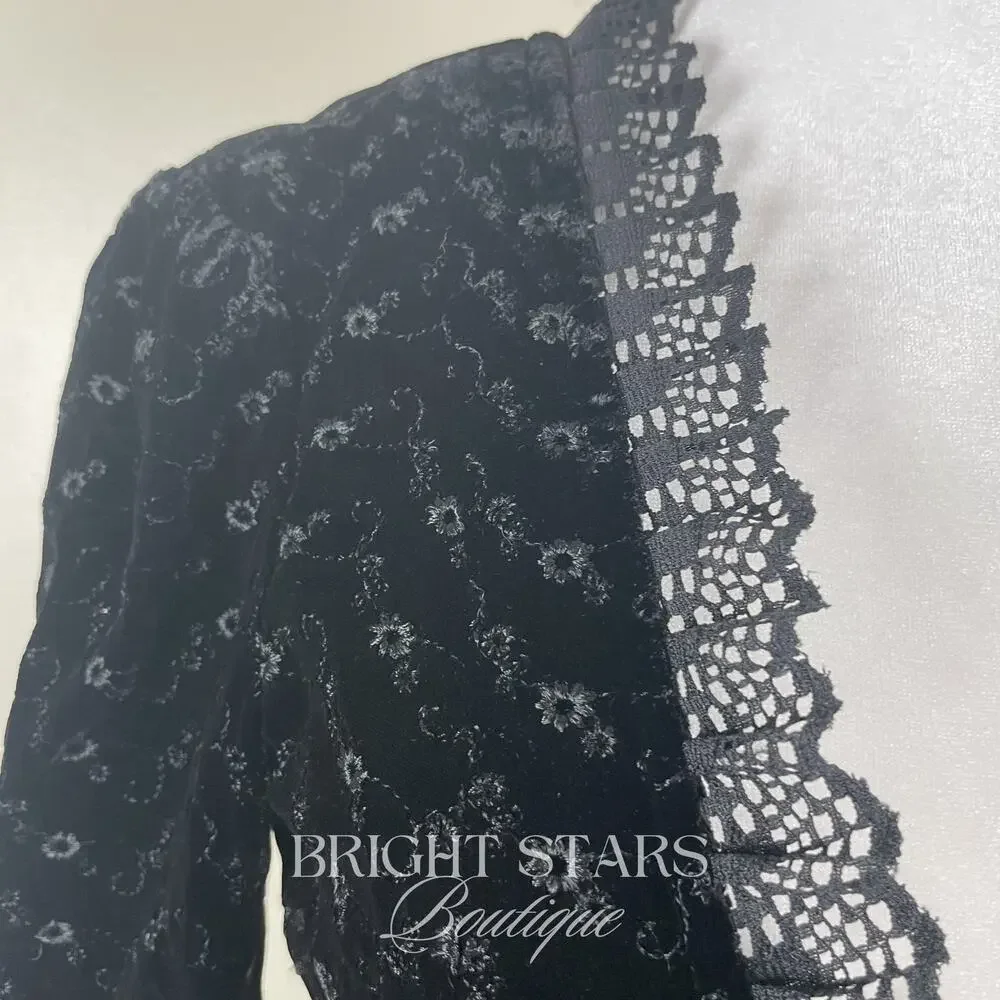 Rare Black Velvet Blazer ASO Lorelia Gilmore Girls Velvet Tie Front Lace Trim - Picture 9 of 13